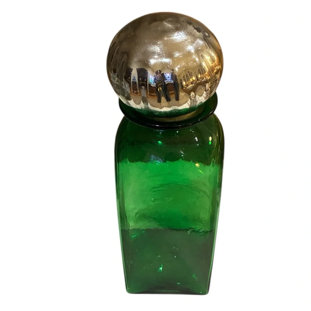 Green Glass Container/VaseHuge NWOT Silver Lid Cork Stopper use for Pantry Pasta